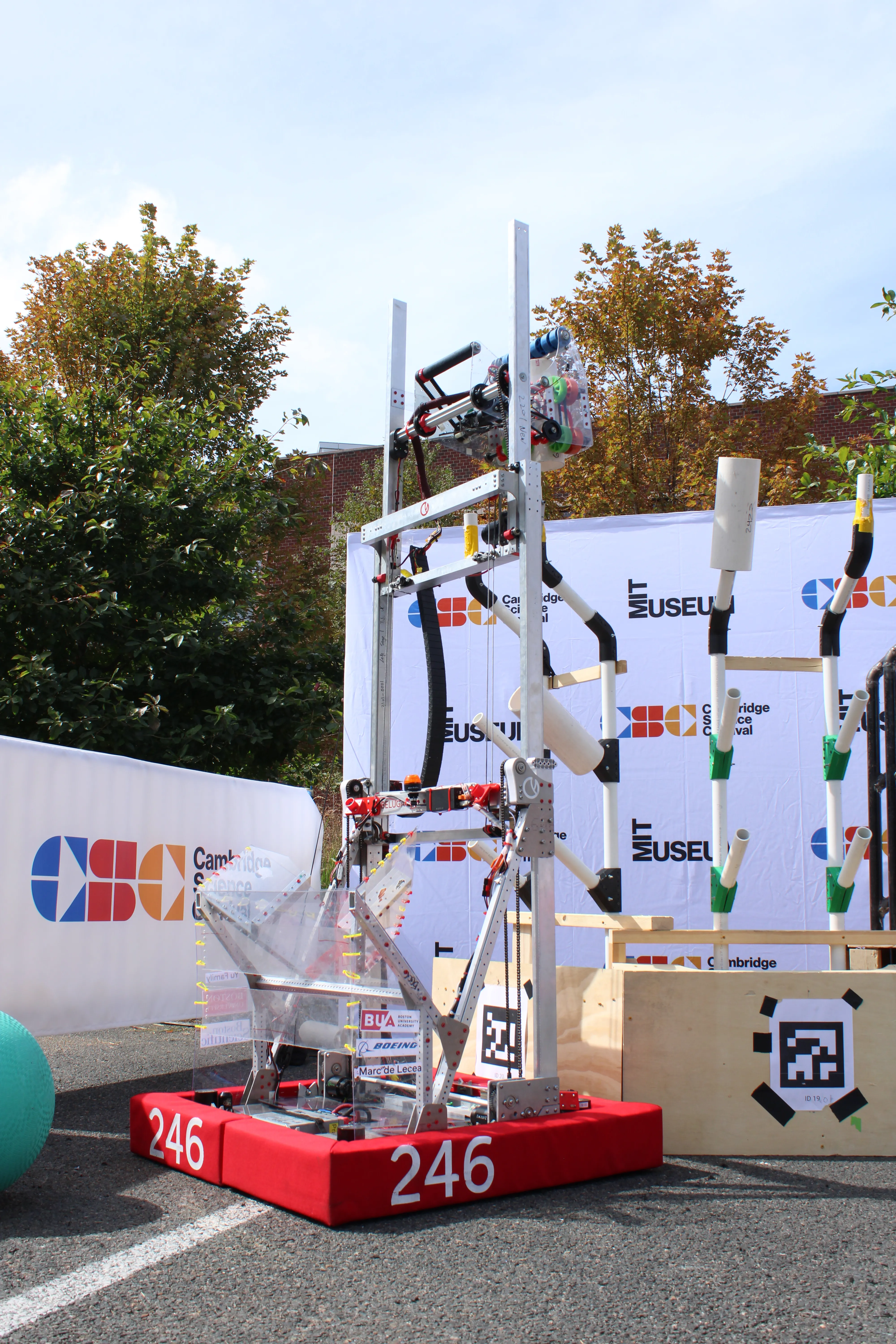Our robot, Beluga, scores a game piece during a demo at the Cambridge Science Festival